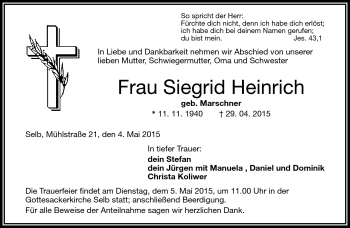 Traueranzeige von Siegrid Heinrich von Frankenpost