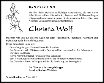 Traueranzeige von Christa Wolf von Südthüringer Presse