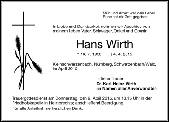 Traueranzeige von Hans Wirth von Frankenpost