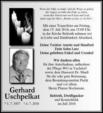 Traueranzeige von Gerhard Uschpelkat von Südthüringer Presse