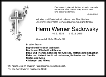 Traueranzeige von Werner Sadowsky von Frankenpost