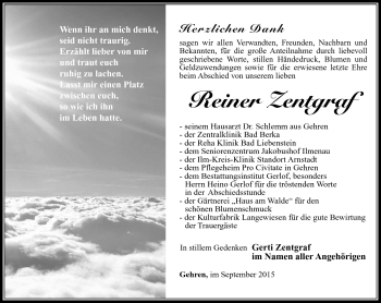 Traueranzeige von Reiner Zentgraf von Südthüringer Presse