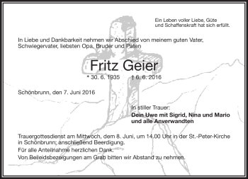 Traueranzeige von Fritz Geier von Frankenpost