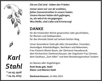 Traueranzeige von Karl Stahl von Südthüringer Presse