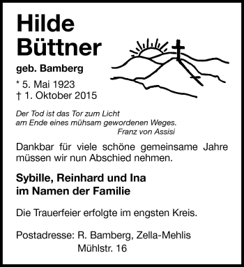 Traueranzeige von Hilde Büttner von Südthüringer Presse