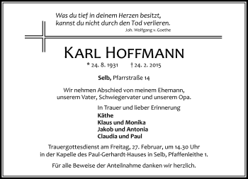 Traueranzeige von Karl Hoffmann von Frankenpost