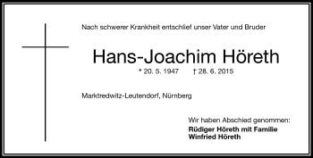 Traueranzeige von Hans-Joachim Höreth von Frankenpost