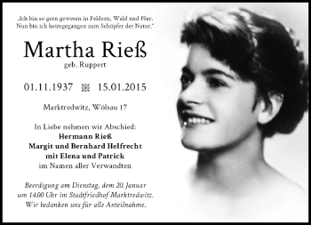 Traueranzeige von Martha Rieß von Frankenpost
