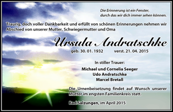 Traueranzeige von Ursula Andratschke von Südthüringer Presse