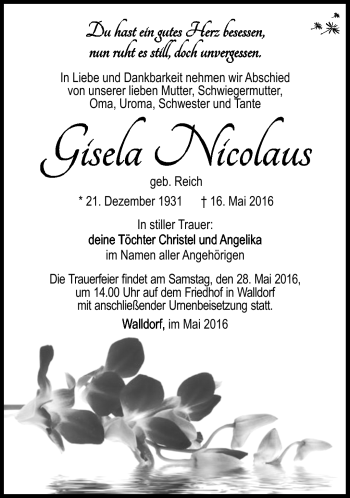 Traueranzeige von Gisela Nicolaus von Südthüringer Presse