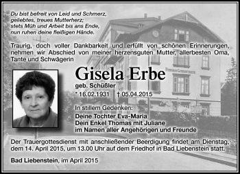 Traueranzeige von Gisela Erbe von Südthüringer Presse