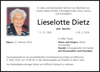 Traueranzeige von Lieselotte Dietz von Neue Presse Coburg