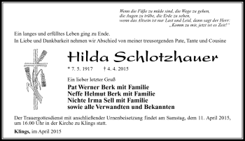 Traueranzeige von Hilda Schlotzhauer von Südthüringer Presse