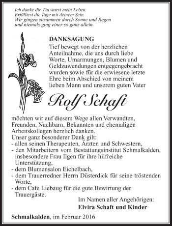 Traueranzeige von Rolf Schaft von Südthüringer Presse