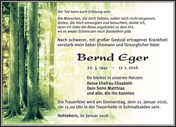Traueranzeige von Bernd Eger von Südthüringer Presse