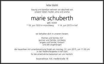 Traueranzeige von Marie Schuberth von Frankenpost