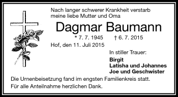 Traueranzeige von Dagmar Baumann von Frankenpost