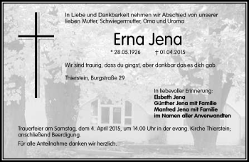Traueranzeige von Erna Jena von Frankenpost