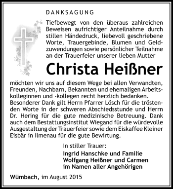 Traueranzeige von Christa Heißner von Südthüringer Presse