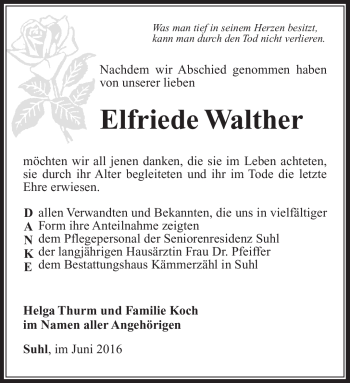 Traueranzeige von Elfriede Walther von Südthüringer Presse
