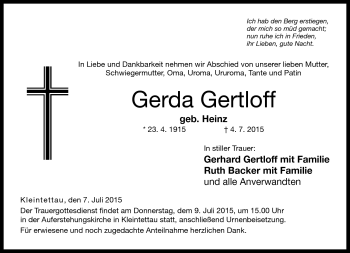 Traueranzeige von Gerda Gertloff von Neue Presse Coburg