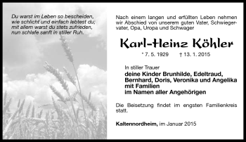Traueranzeige von Karl-Heinz köhler von Südthüringer Presse