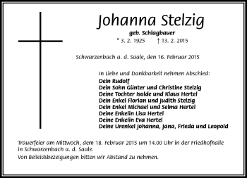 Traueranzeige von Johanna Stelzig von Frankenpost