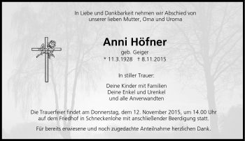 Traueranzeige von Anni Höfner von Neue Presse Coburg