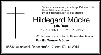 Traueranzeige von Hildegard Mücke von Frankenpost