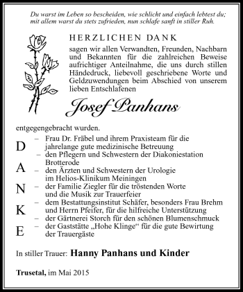 Traueranzeige von Josef Panhans von Südthüringer Presse