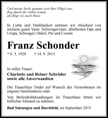 Traueranzeige von Franz Schonder von Südthüringer Presse