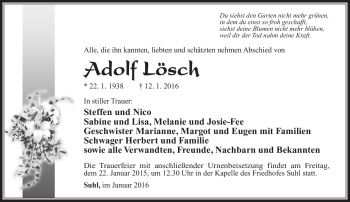 Traueranzeige von Adolf Lösch von Südthüringer Presse