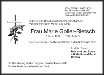 Traueranzeige von Marie Goller-Rietsch von Frankenpost