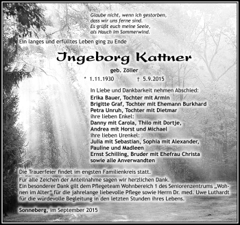 Traueranzeige von Ingeborg Kattner von Südthüringer Presse