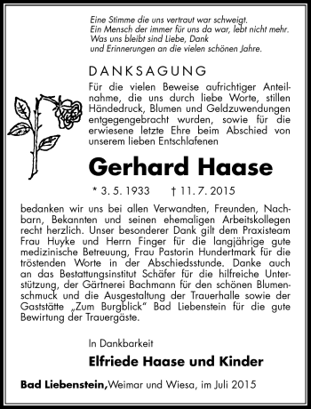 Traueranzeige von Gerhard Haase von Südthüringer Presse