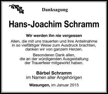 Traueranzeige von Hans-Ulrich Schramm von Südthüringer Presse