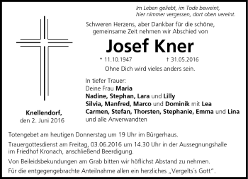 Traueranzeige von Josef Kner von Neue Presse Coburg