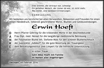 Traueranzeige von Erwin Hoeft von Südthüringer Presse