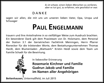 Traueranzeige von Paul Engelmann von Südthüringer Presse