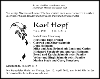 Traueranzeige von Karl Hopf von Südthüringer Presse