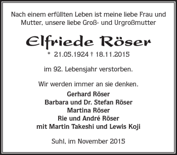 Traueranzeige von Elfriede Röser von Südthüringer Presse
