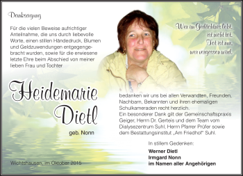 Traueranzeige von heidemarie Dietl von Südthüringer Presse