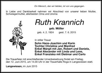 Traueranzeige von Ruth Krannich von Südthüringer Presse
