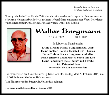 Traueranzeige von Walter Burgmann von Südthüringer Presse