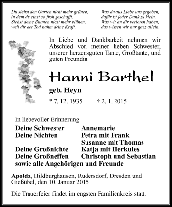 Traueranzeige von Hanni Barthel von Südthüringer Presse