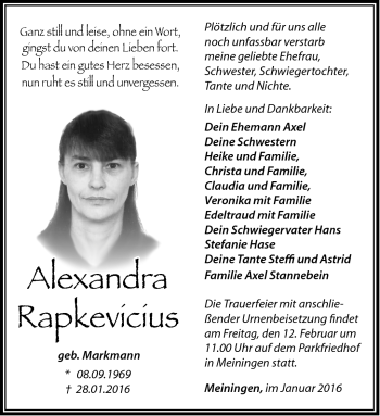 Traueranzeige von Alexandra Rapkevicius von Südthüringer Presse