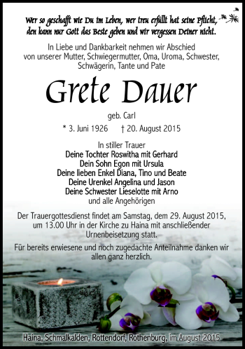 Traueranzeige von Grete Dauer von Südthüringer Presse