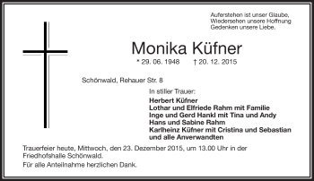 Traueranzeige von Monika Küfner von Frankenpost