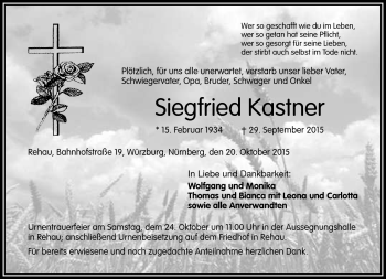 Traueranzeige von Siegfried Kastner von Frankenpost