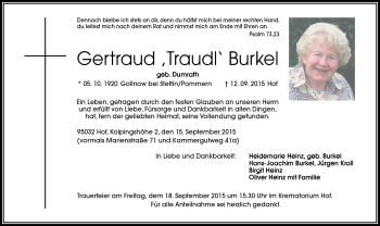 Traueranzeige von Gertraud Burkel von Frankenpost